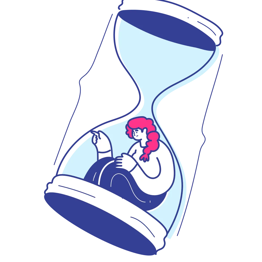 Illustration of a person with red hair sitting inside an hourglass, suggesting a concept of being trapped or limited by time.