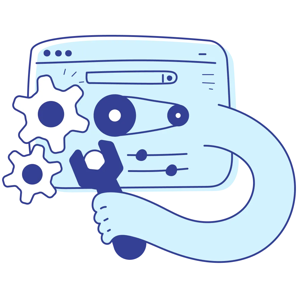 Illustration of a web browser window with gears and a wrench, symbolizing website maintenance or technical settings adjustments.