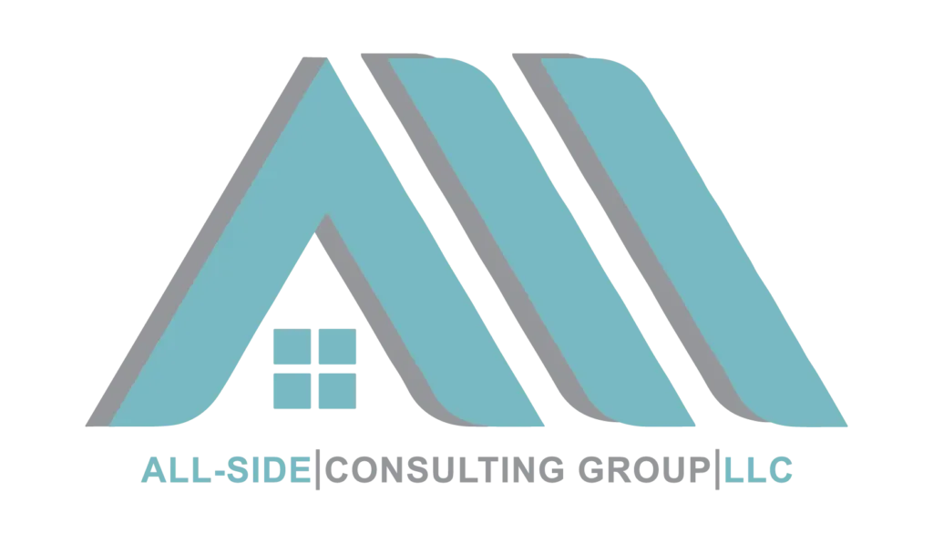 Logo of All-Side Consulting Group LLC featuring stylized blue and gray letters "A" and "M" forming a roof with a window underneath, reflecting their expertise in the roofing industry.