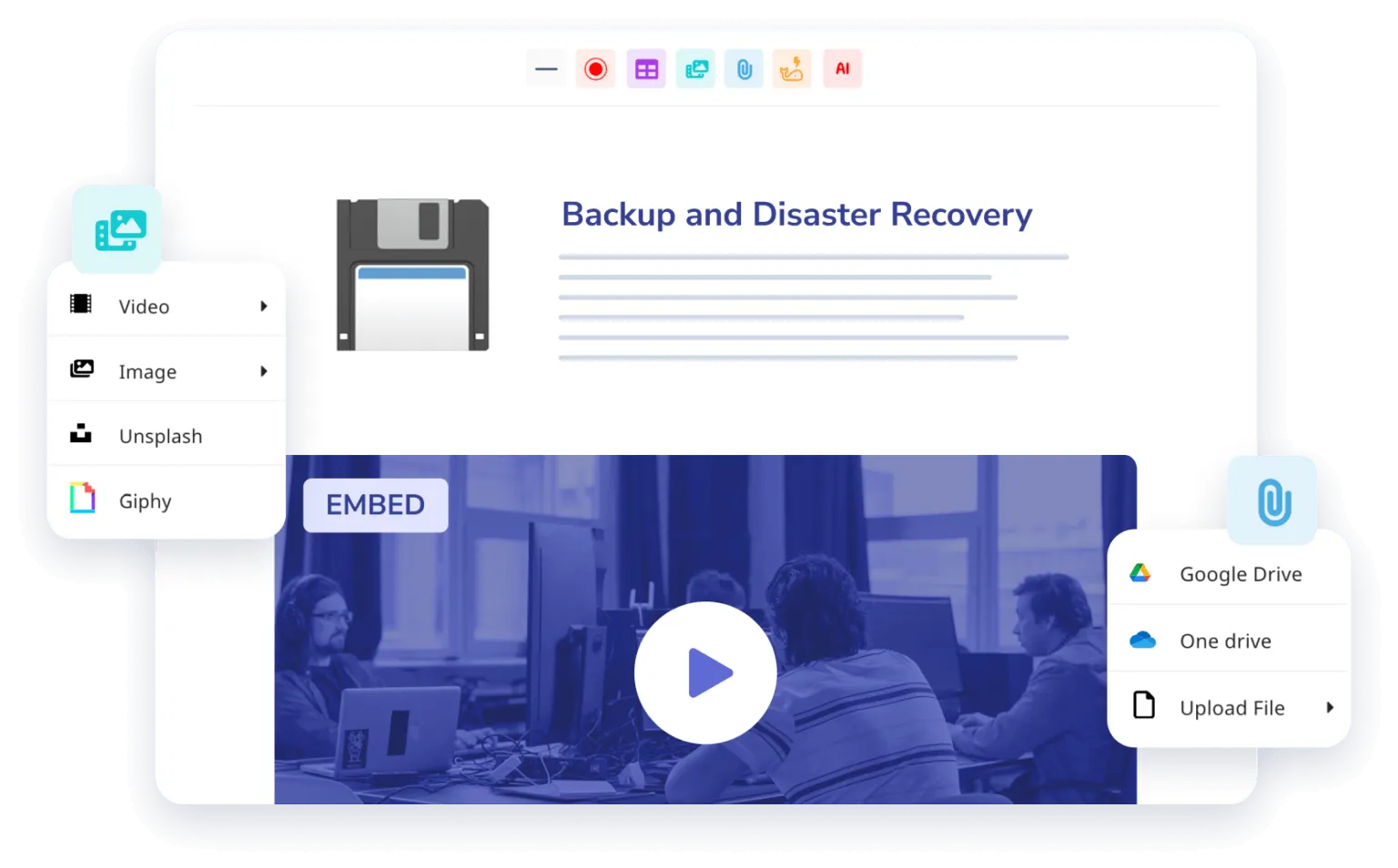A computer screen displays an interface for backup and disaster recovery, featuring options for embedding videos, images, and files from sources like Google Drive, OneDrive, and uploads.