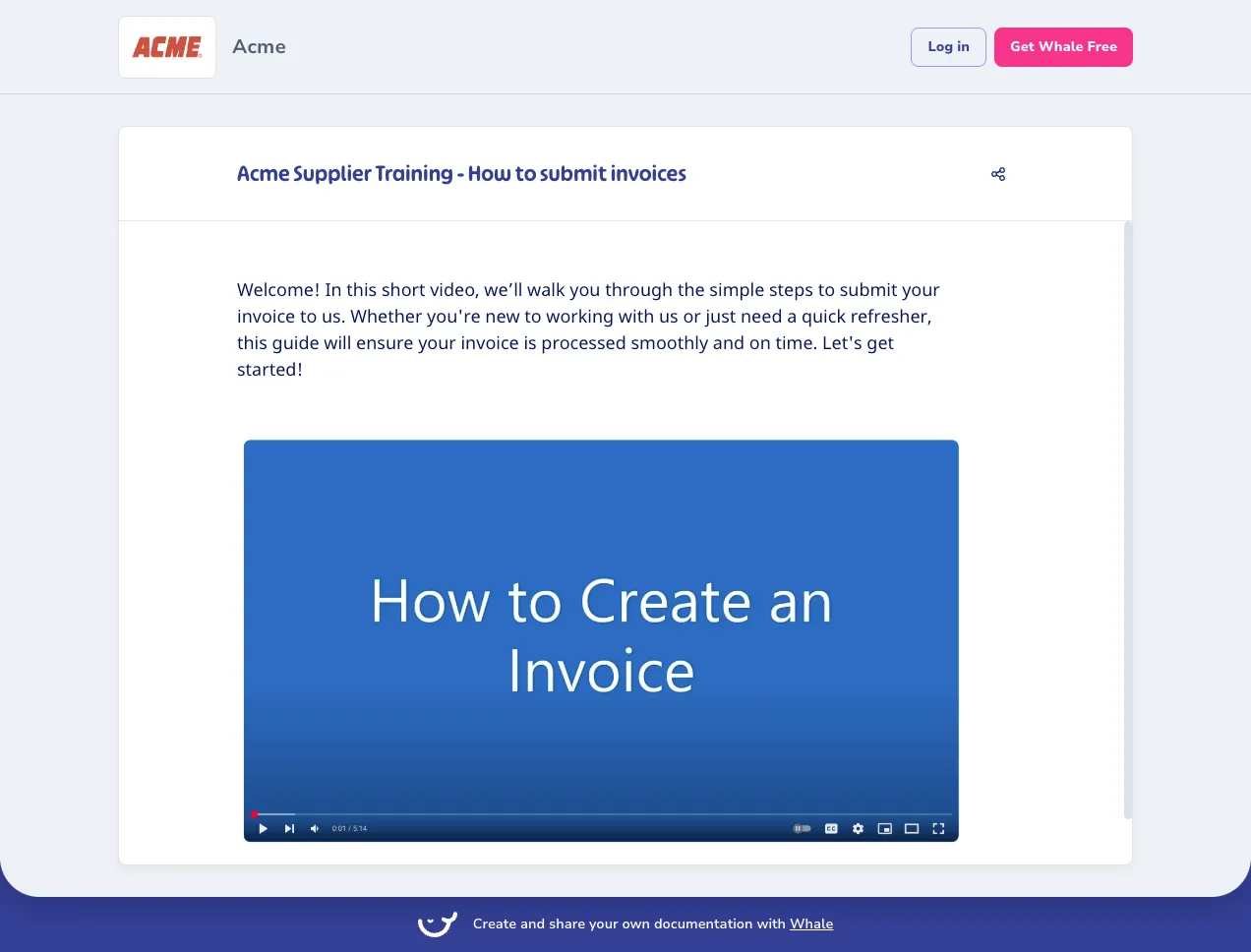 A Whale SOP opened from a public link: Acme Supplier Training, How to submit invoices