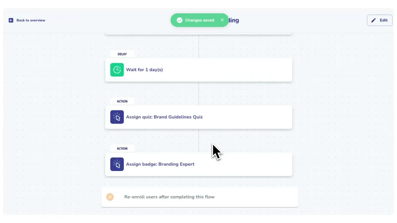A Whale training flow with wait, quiz and badge steps