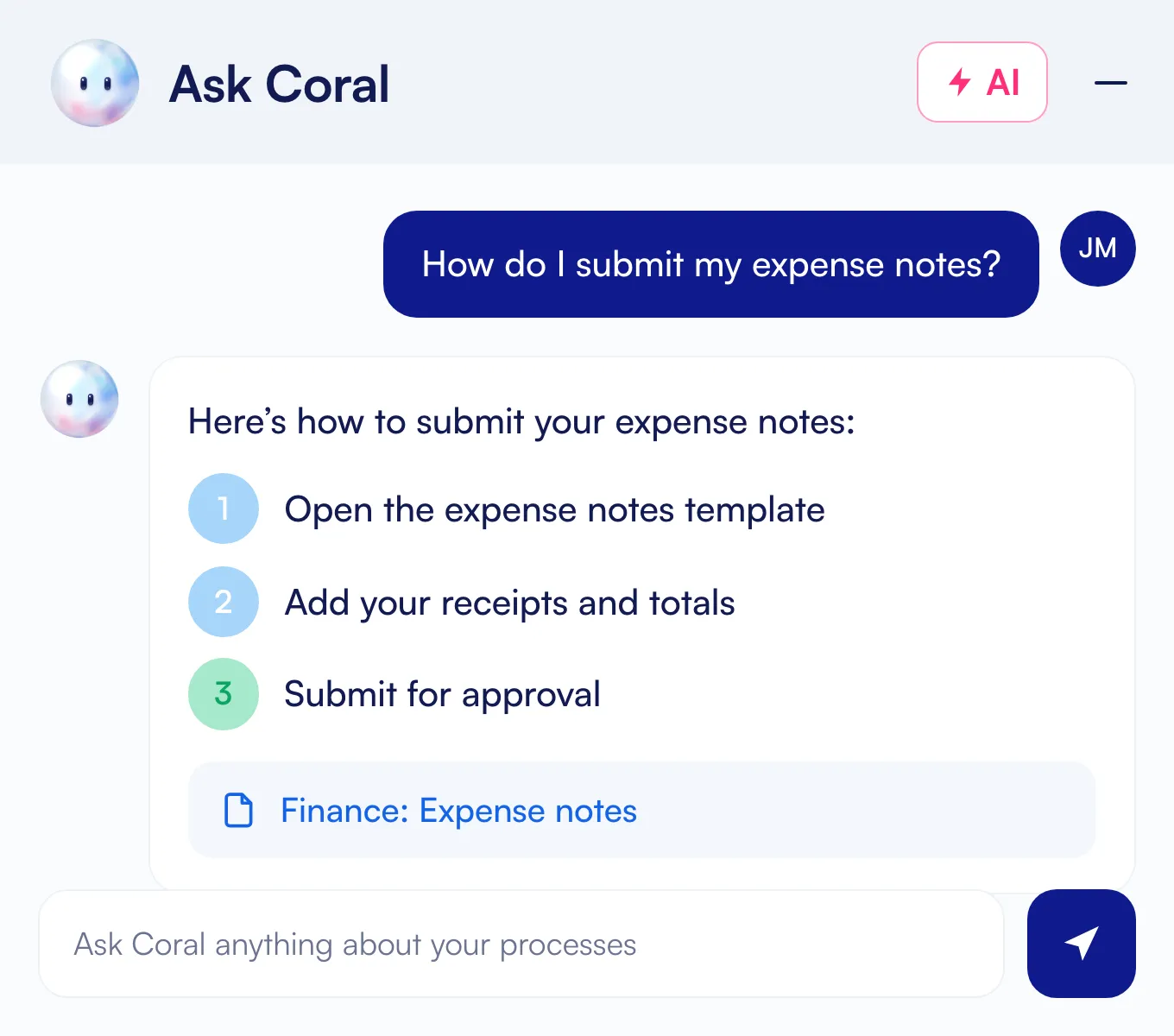 Ask Coral in Whale answering “How do I submit my expense notes?”