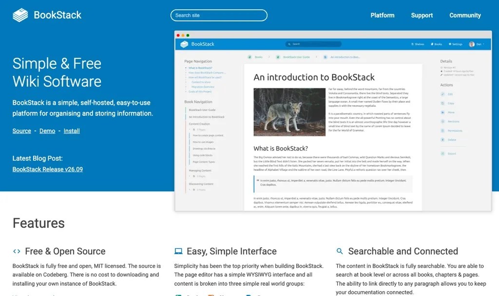 BookStack homepage showing its free and simple wiki software