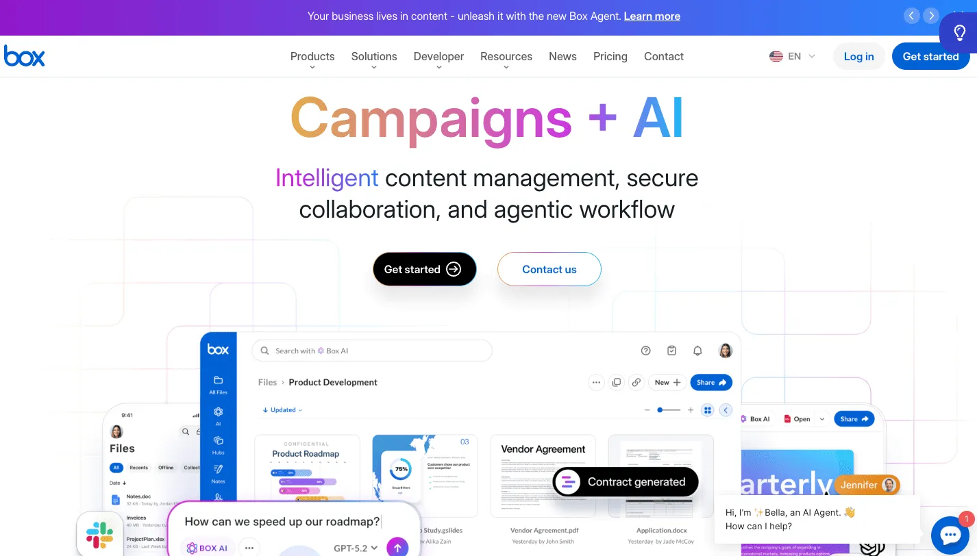 The Box homepage with the headline Campaigns plus AI, and a file view with Box AI search below it