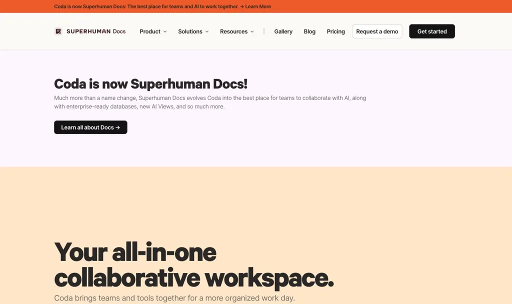 Superhuman Docs homepage showing the Coda rebrand and its all-in-one collaborative workspace