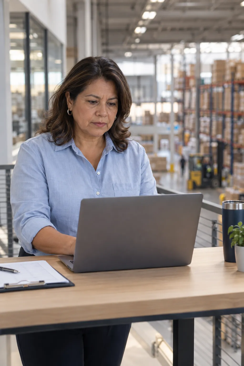 An operations manager at a laptop on a mezzanine overlooking the warehouse floor