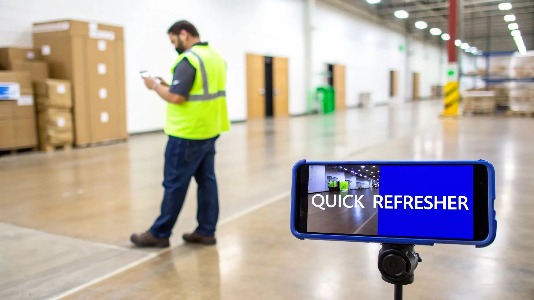 A warehouse worker checks his phone as a tripod-mounted smartphone displays a 'QUICK REFRESHER' screen.