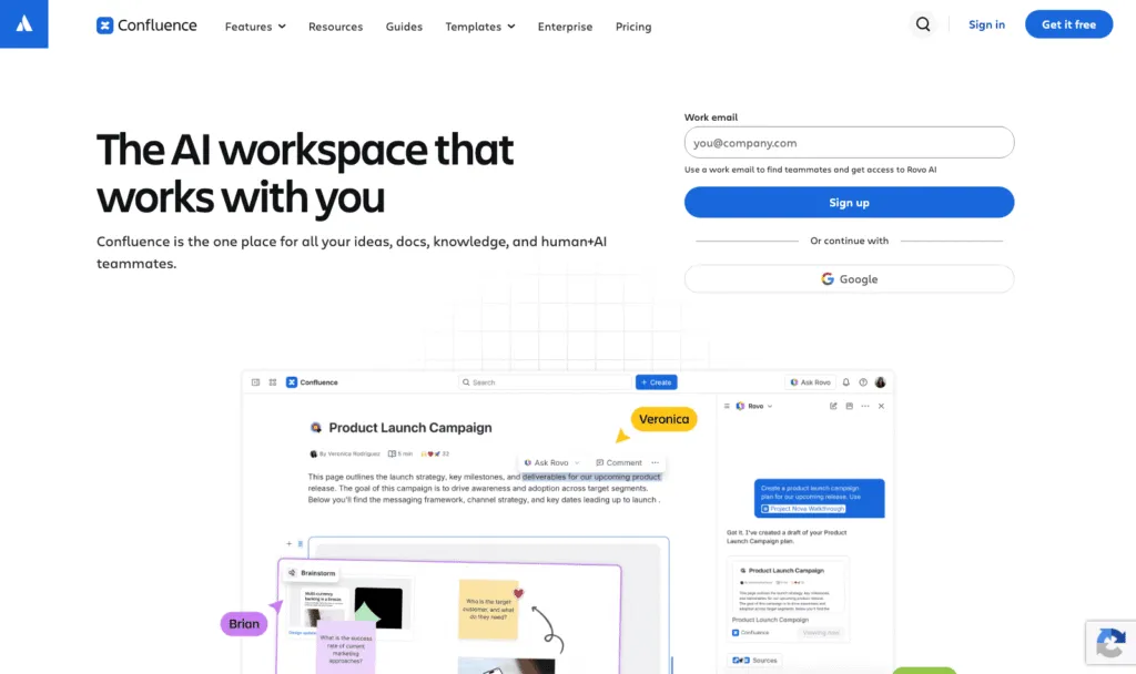 Confluence homepage showing the Atlassian AI workspace and team wiki