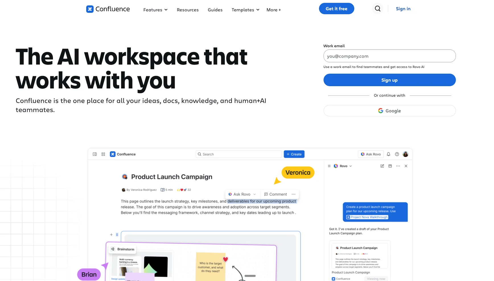 The Confluence homepage with the headline The AI workspace that works with you, and a product launch page open next to Rovo