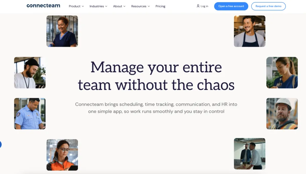 Connecteam showing its mobile-first hub for deskless teams with scheduling, chat and checklists