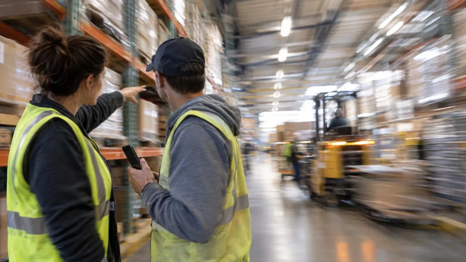 A supervisor in a hi-vis vest points out a bin location to a new hire in a warehouse aisle while a forklift moves past