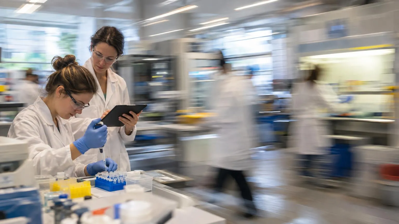 A supervisor signs off a lab trainee's pipetting on a tablet at a laboratory bench.