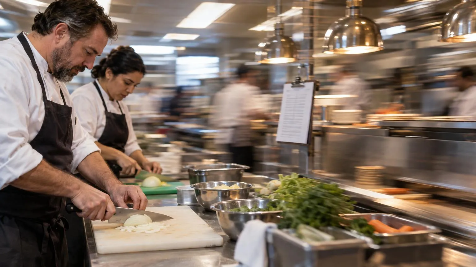 A head chef shows a trainee cook a knife cut during prep in a restaurant kitchen.