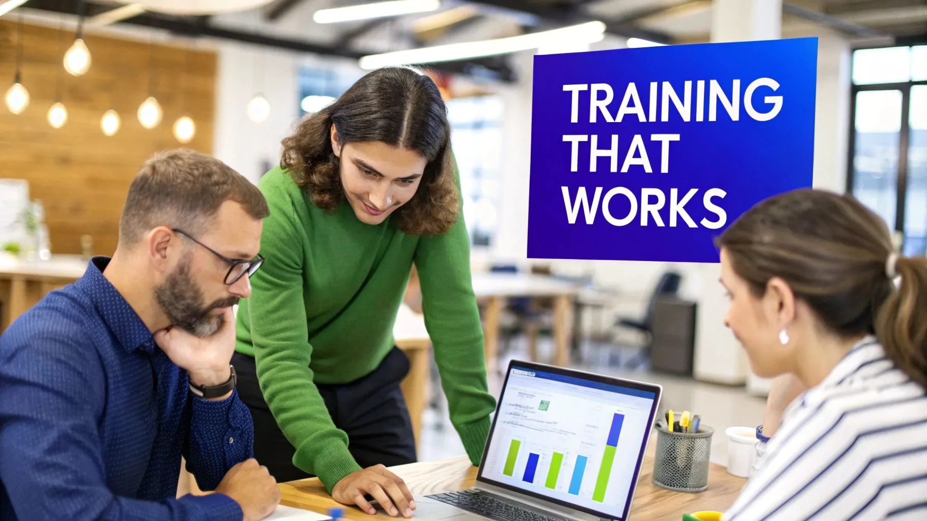 Three professionals collaborate around a laptop displaying graphs, with a 'TRAINING THAT WORKS' sign overhead.
