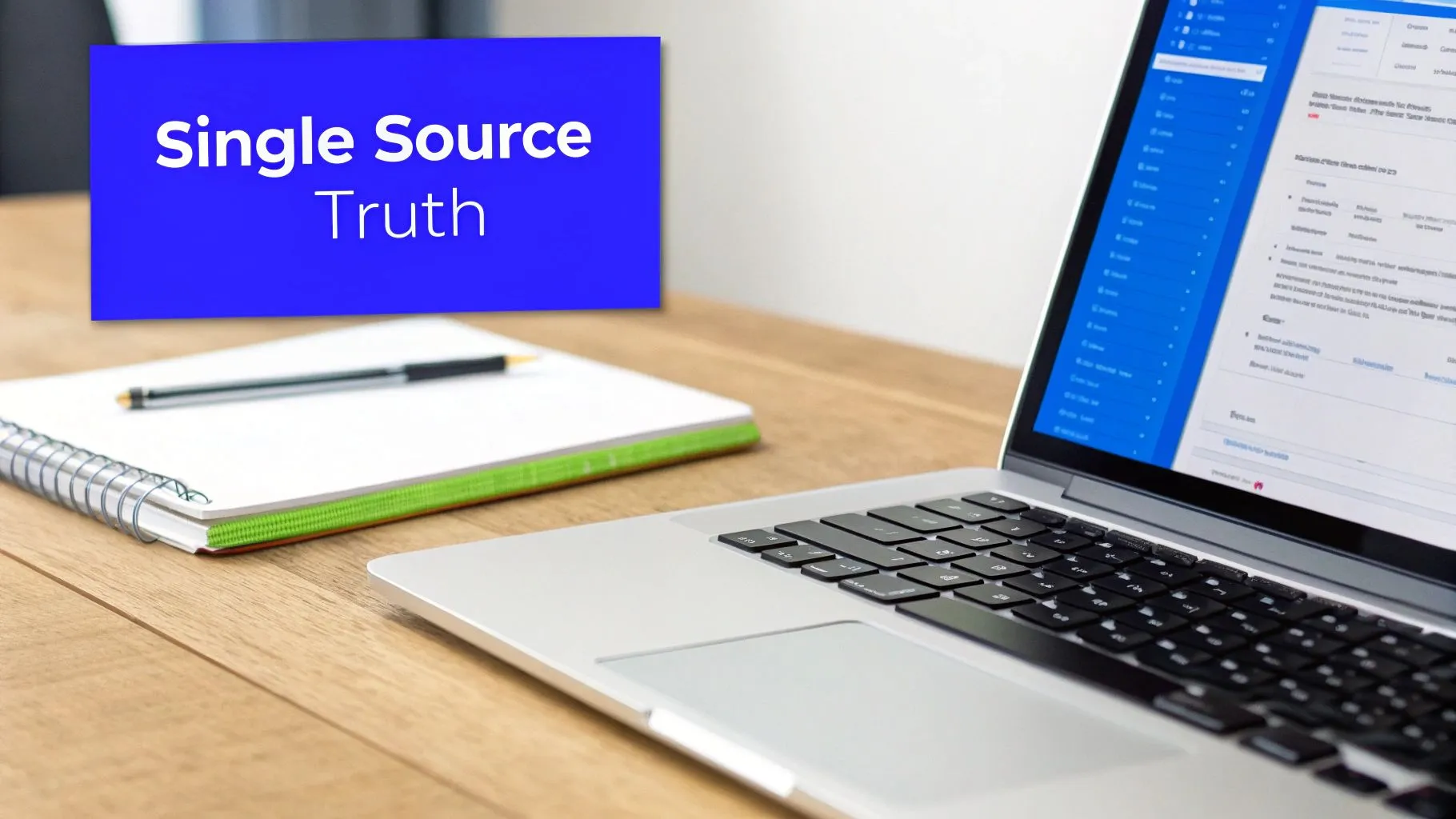 A laptop and notebook on a wooden desk with a blue banner stating "Single Source Truth".