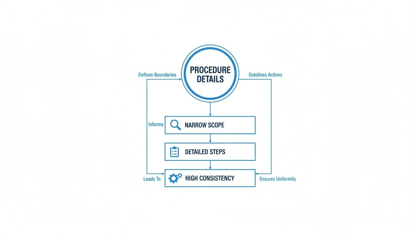 A flowchart illustrating procedure details, leading to narrow scope, detailed steps, and high consistency.