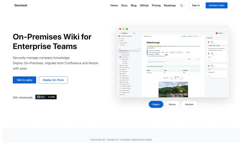 Docmost homepage showing its on-premises wiki for enterprise teams