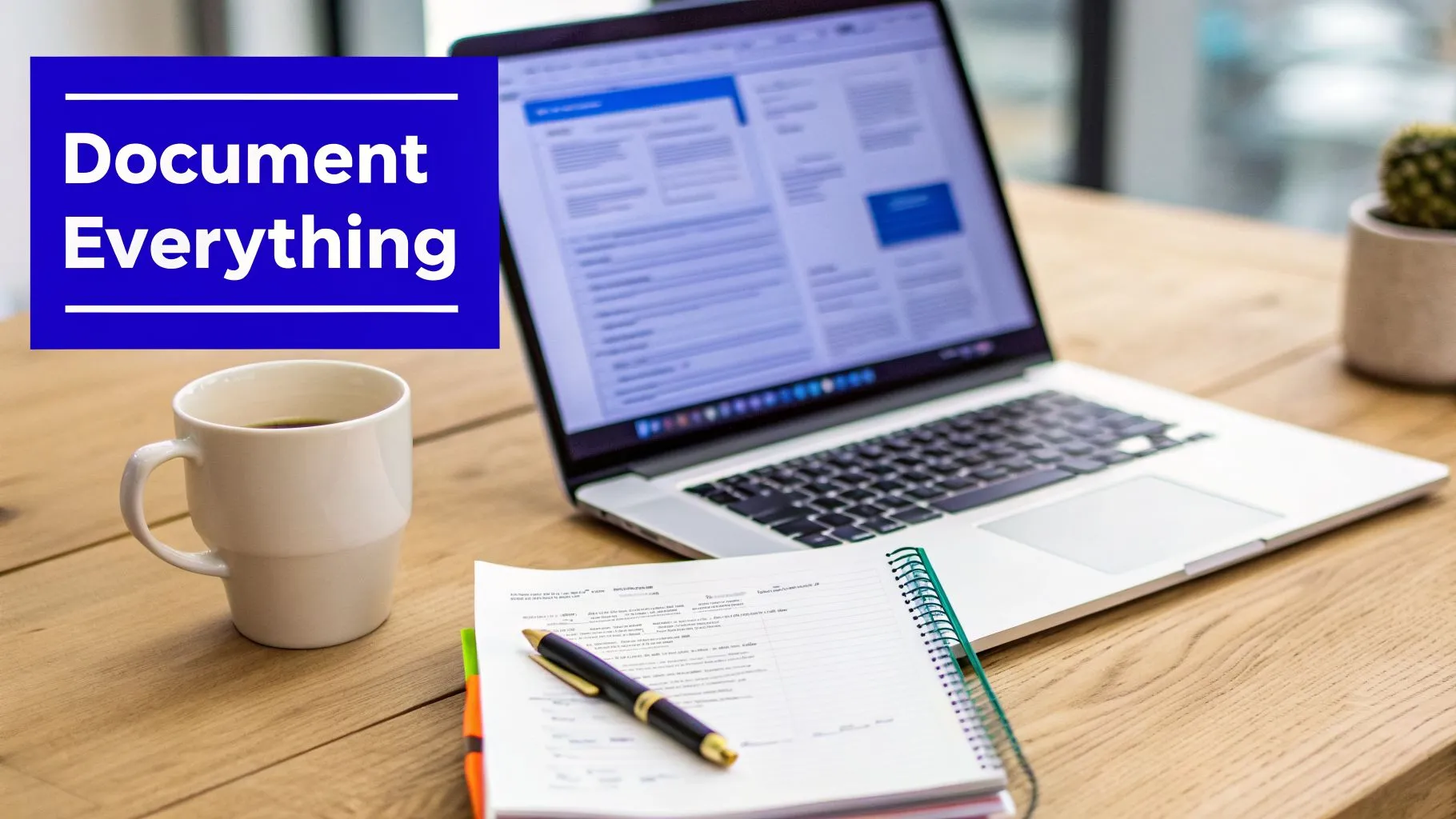 A desk with a laptop displaying documents, a coffee mug, notebook, and pen, with the text 'Document Everything'.