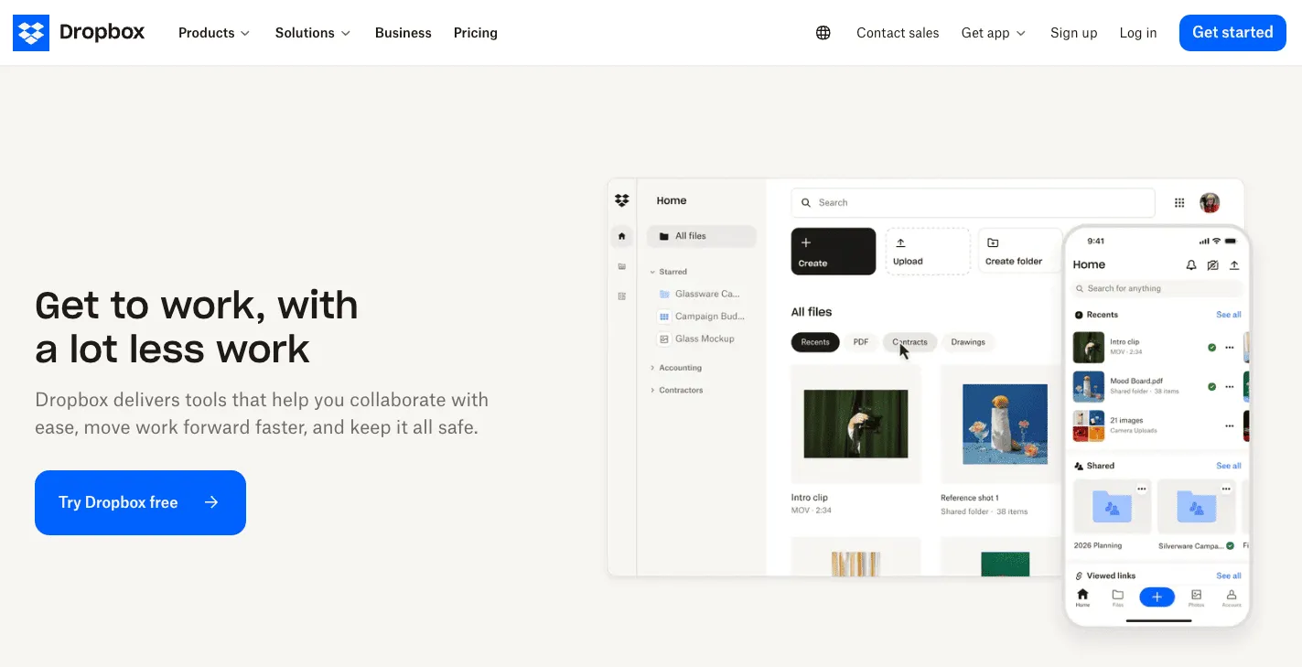The Dropbox homepage with the headline Get to work, with a lot less work, and a file view on desktop and phone