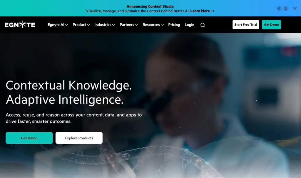 The Egnyte homepage with the headline Contextual Knowledge. Adaptive Intelligence., and Get Demo and Explore Products buttons