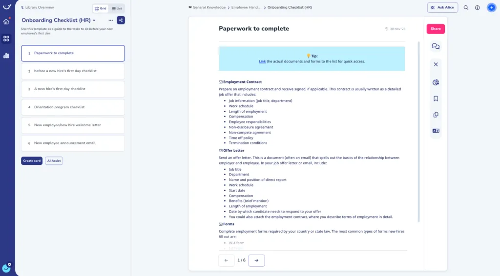 Employee onboarding library from Whale