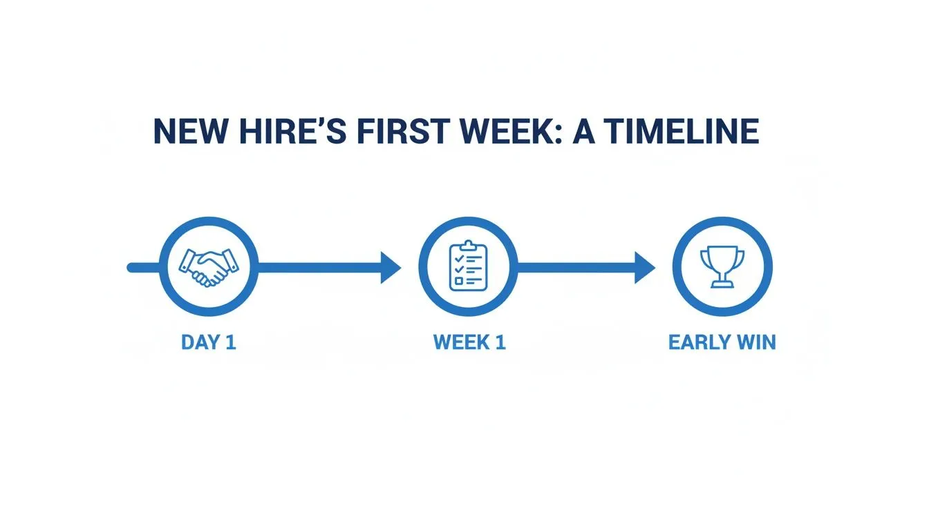 A timeline illustrating a new hire's first week, from day one to achieving an early win.