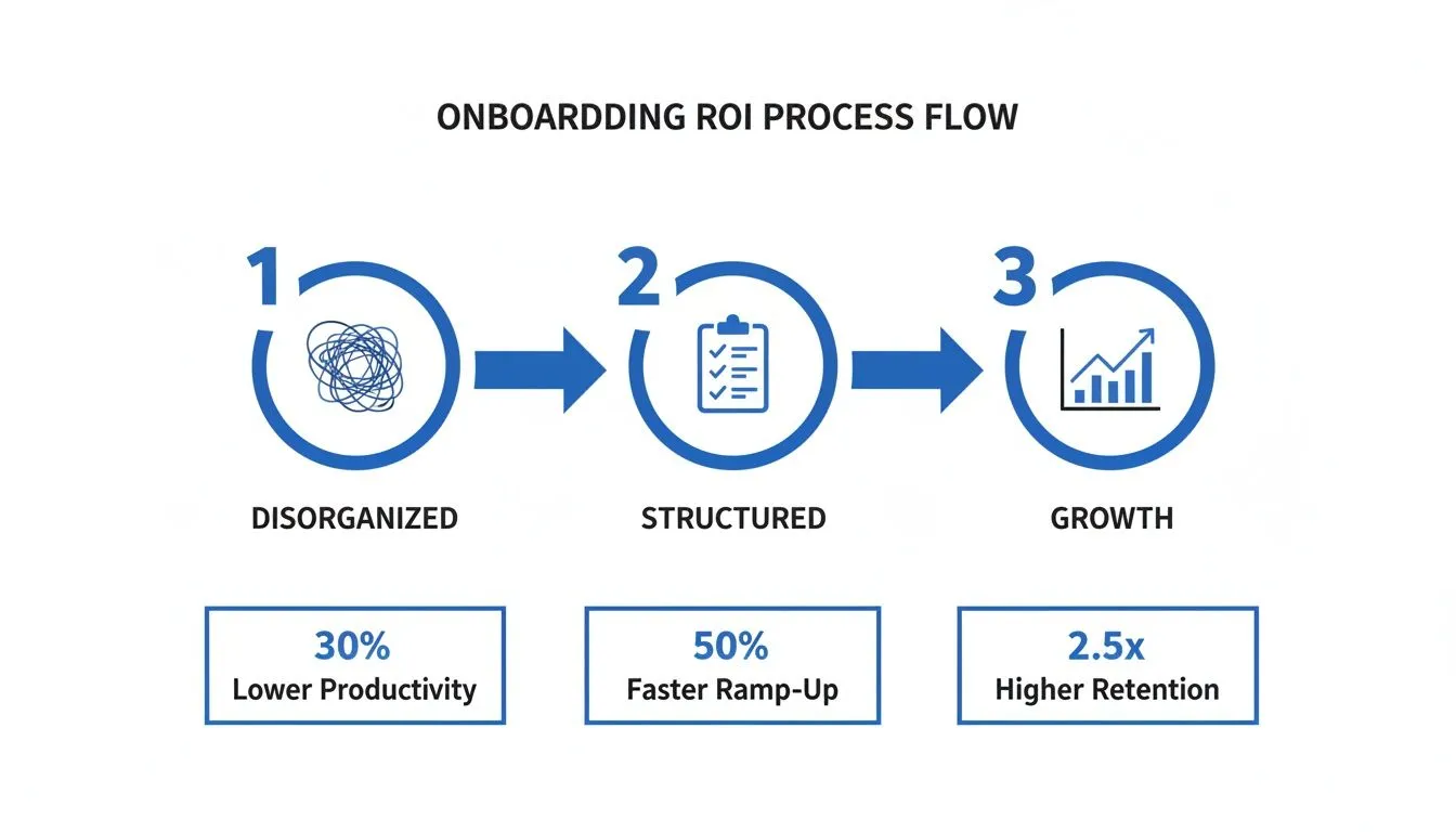 Infographic showing a three-step onboarding process flow from disorganized to structured, leading to growth.