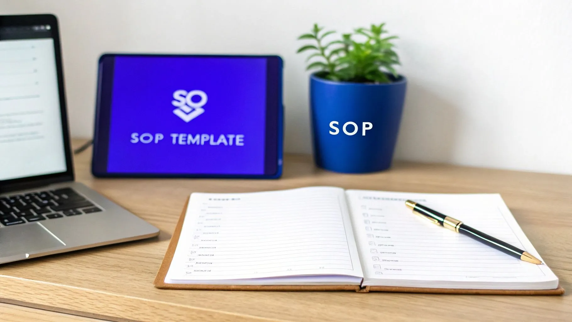 Workspace with laptop, tablet displaying 'SOP TEMPLATE', plant pot 'SOP', and an open notebook.