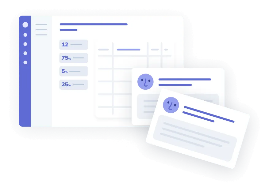 Illustration of a user interface with a sidebar showing percentages and three overlapping cards with profiles and text, ideal for onboarding new users or detailing SOPs.