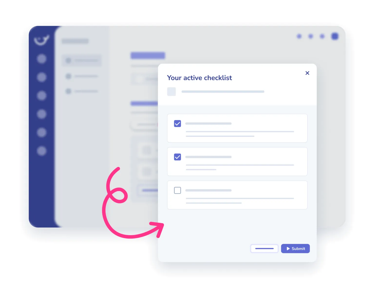 A checklist running in Whale: Your active checklist, two steps ticked, and a Submit button