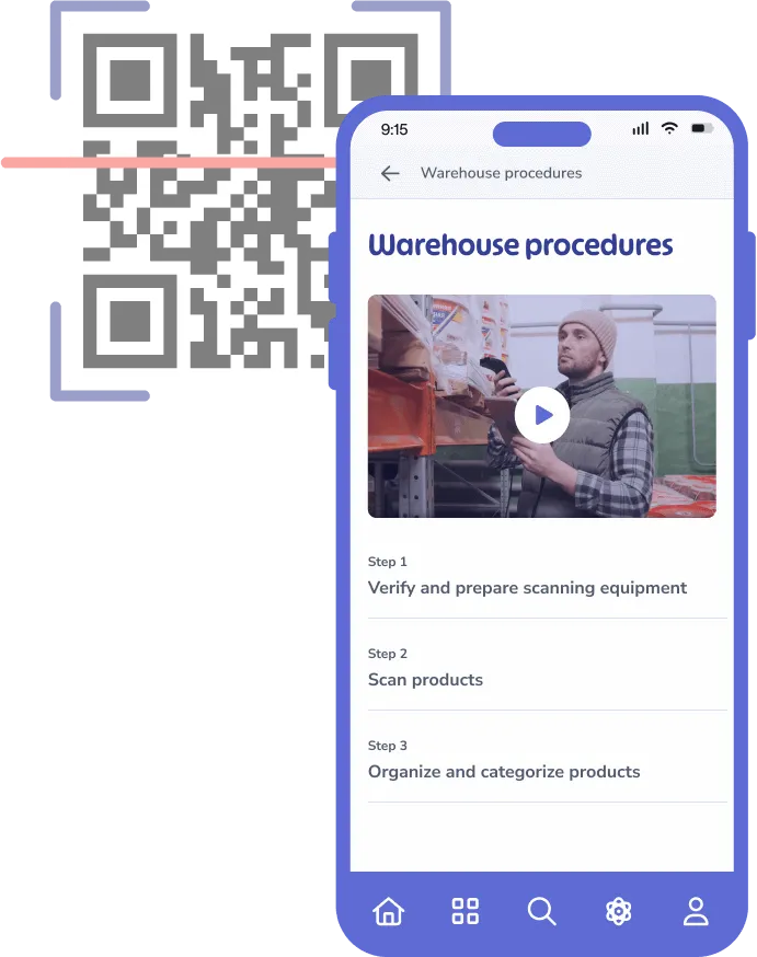 A smartphone screen displays a "Warehouse Procedures" guide with steps listed, integral to process documentation. A QR code is shown beside it, streamlining onboarding.