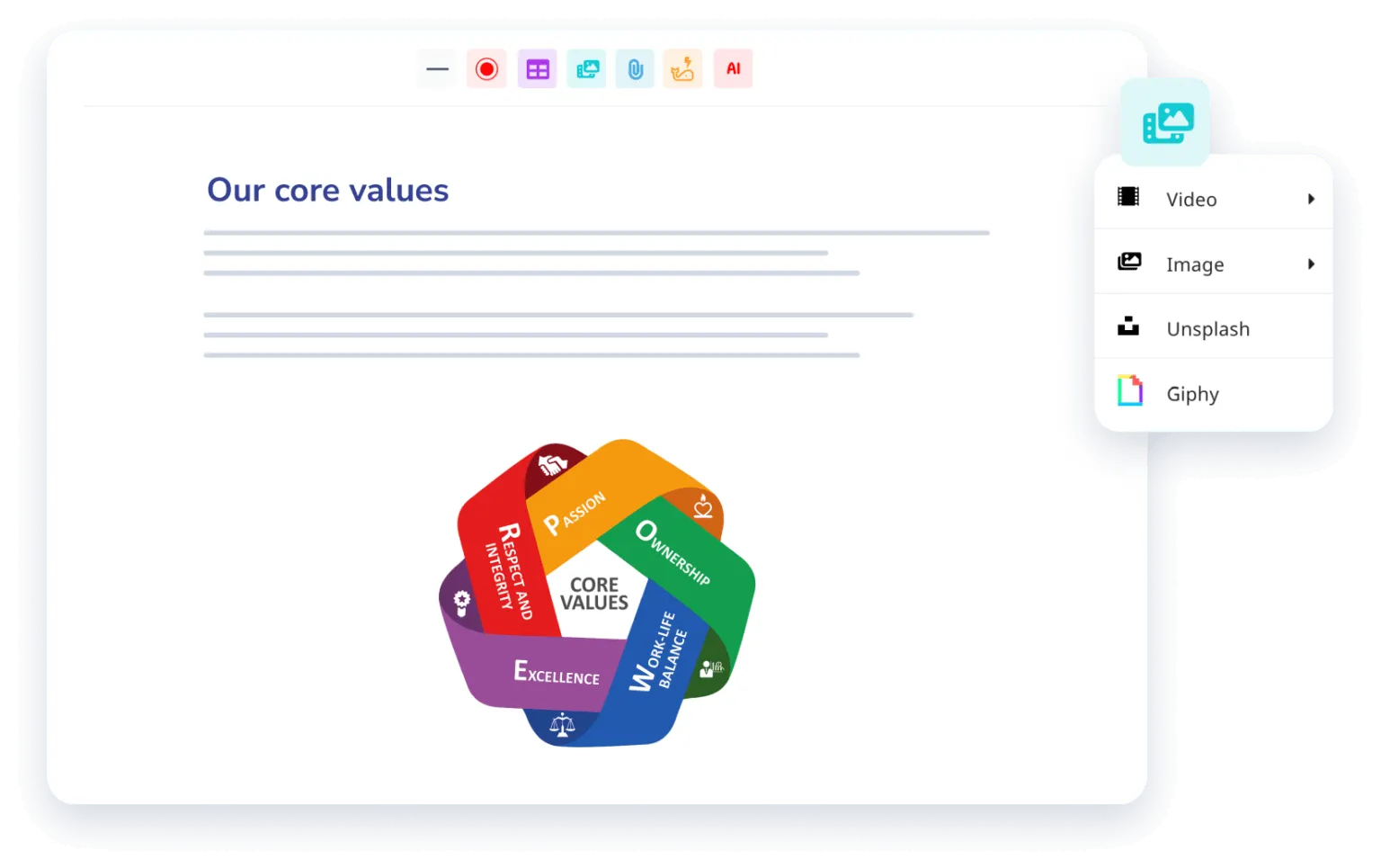 A computer screen displaying a document titled "Our core values" with an icon menu to the right. Below the title, there is a hexagon-shaped graphic divided into segments, each labeled with a different core value - perfect for onboarding and employee training.