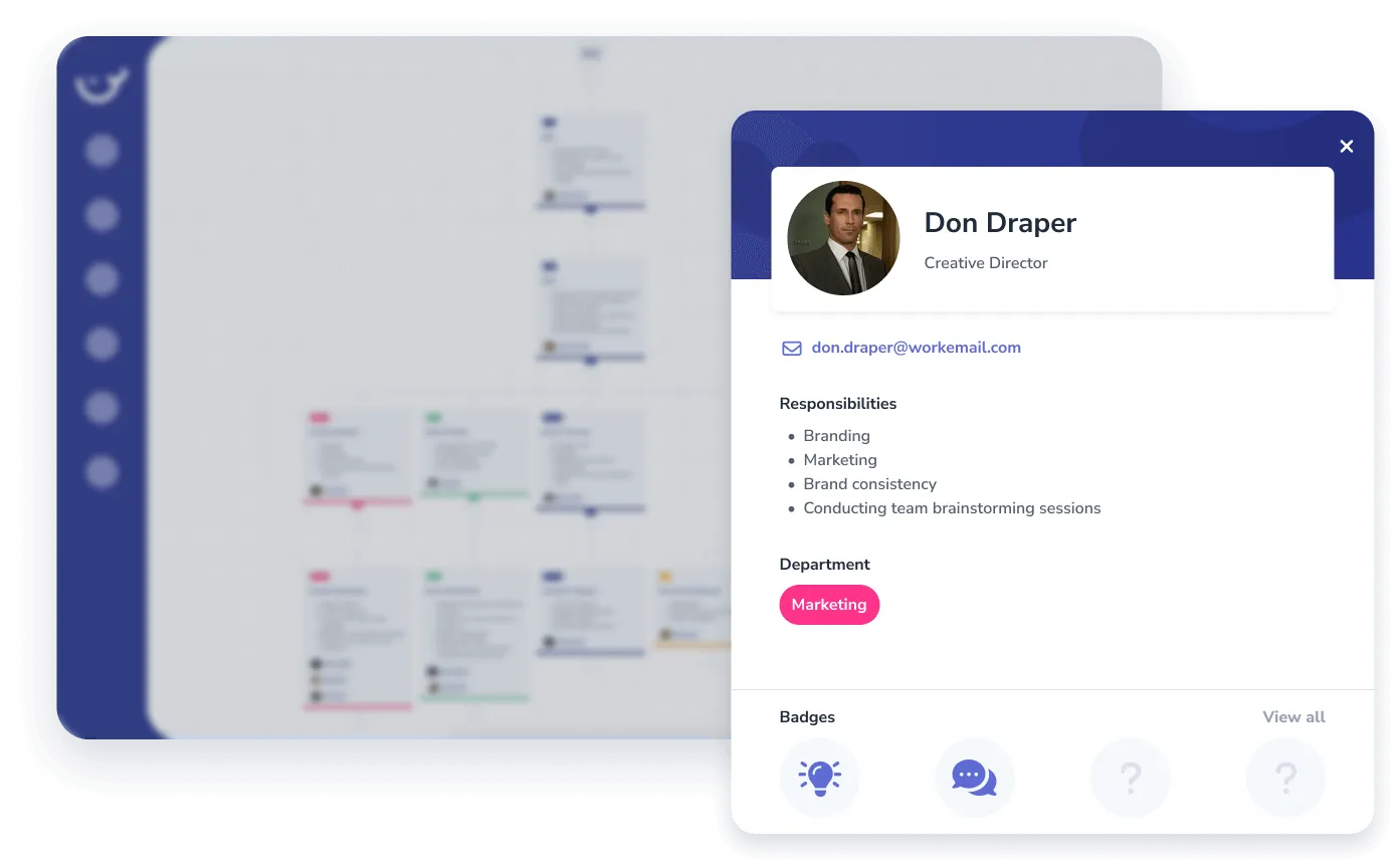 Close-up of a profile card for Don Draper, Creative Director, showcasing his name, contact info, responsibilities, and department against a blurred background featuring an onboarding flowchart.