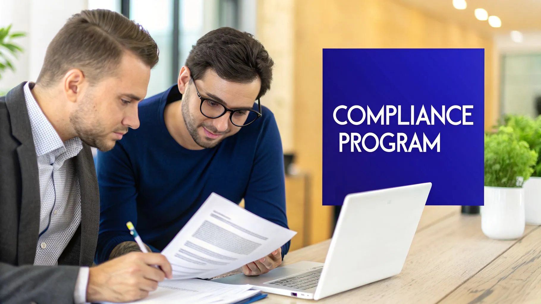 Business professionals reviewing financial documents and a laptop for a compliance program.