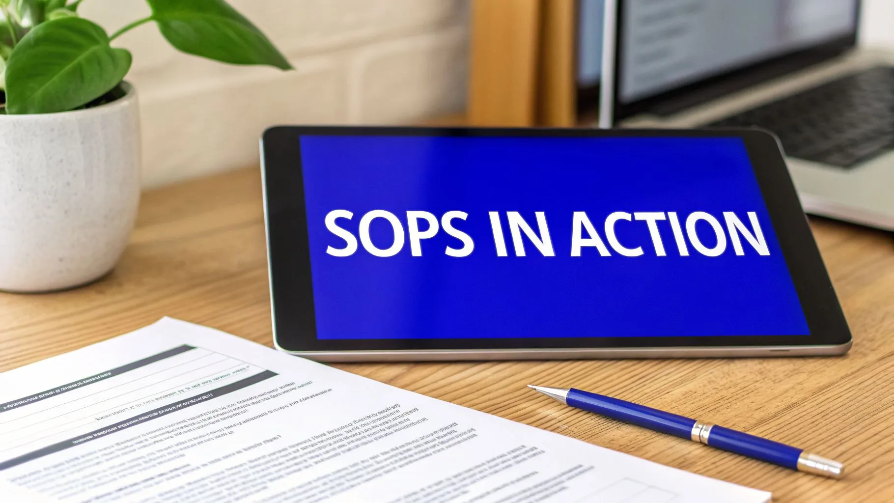 A tablet displays 'SOPS IN ACTION' on a wooden desk with a document, pen, and plant.