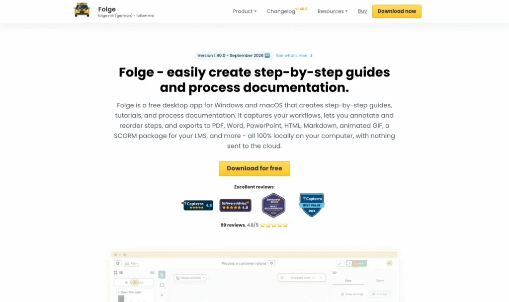 Folge homepage showing the offline desktop step-by-step guide creator for Windows and macOS