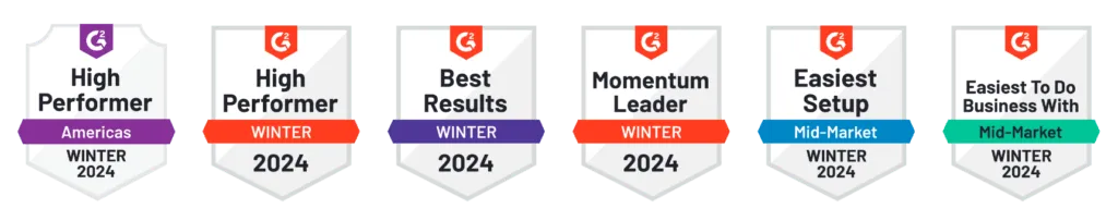 Image displaying six G2 badges labeled: "High Performer Americas Winter 2024," "High Performer Winter 2024," "Best Results Winter 2024," "Momentum Leader Winter 2024," "Easiest Setup Mid-Market Winter 2024," and "Easiest To Do Business With Mid-Market Winter 2024, underscoring excellence in employee training and onboarding
