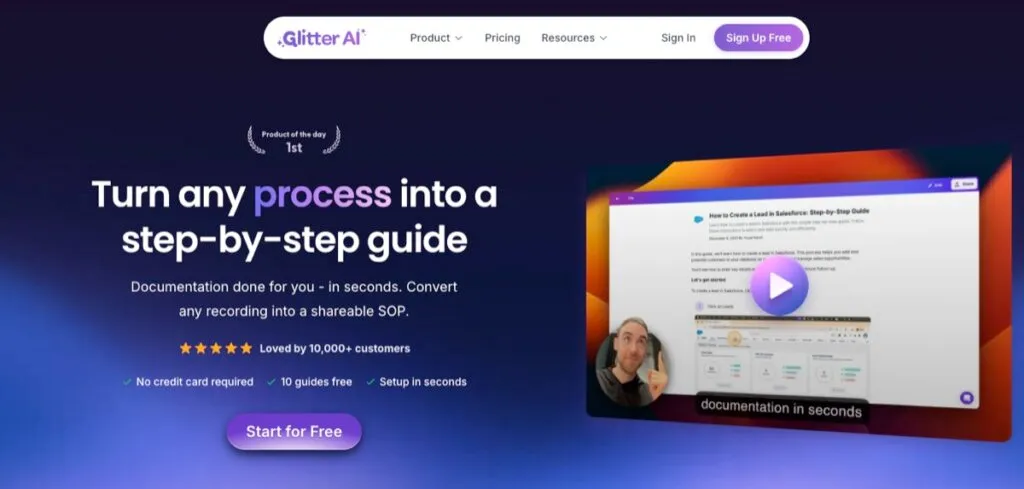 Glitter AI homepage showing its screen recording to step-by-step SOP guide workflow