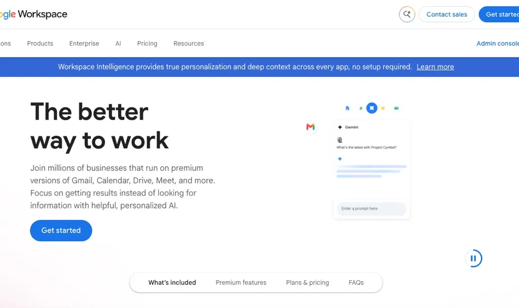 The Google Workspace homepage with the headline The better way to work, and a Gemini chat panel next to the Gmail icon