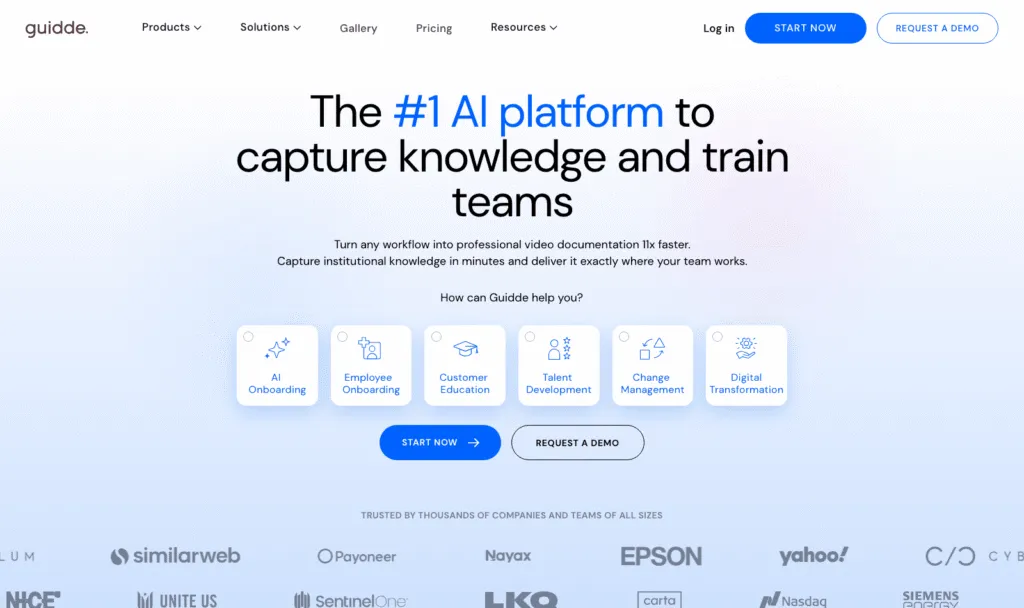 Guidde AI platform for capturing workflows as narrated video guides