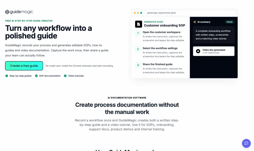 GuideMagic homepage showing its free AI step-by-step guide creator