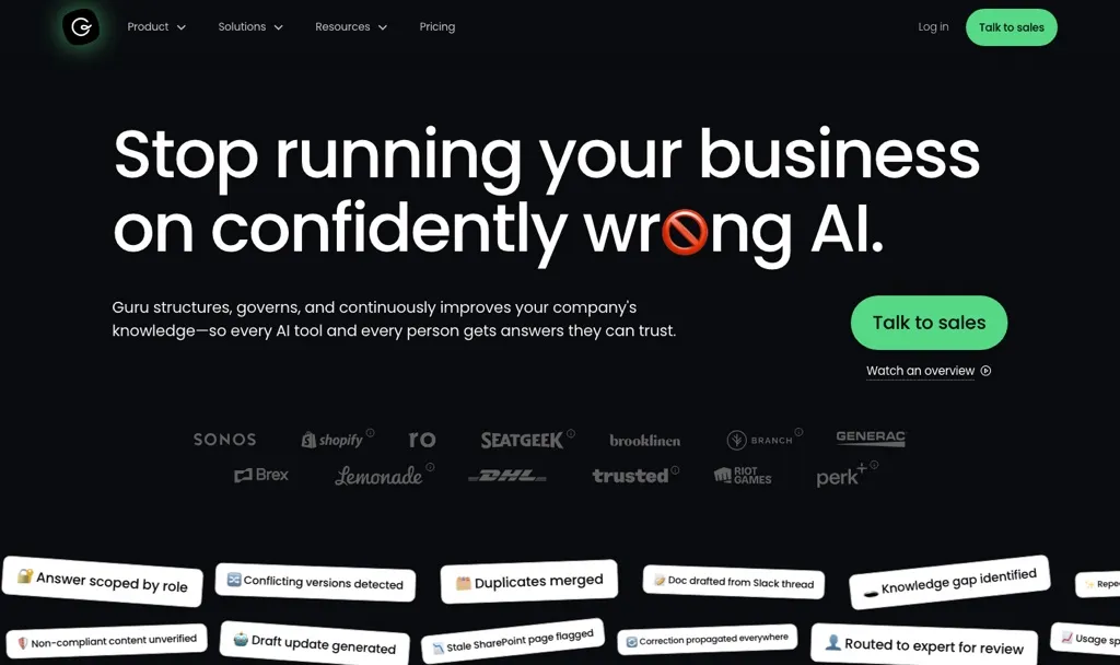 Guru homepage showing its AI knowledge platform for company knowledge