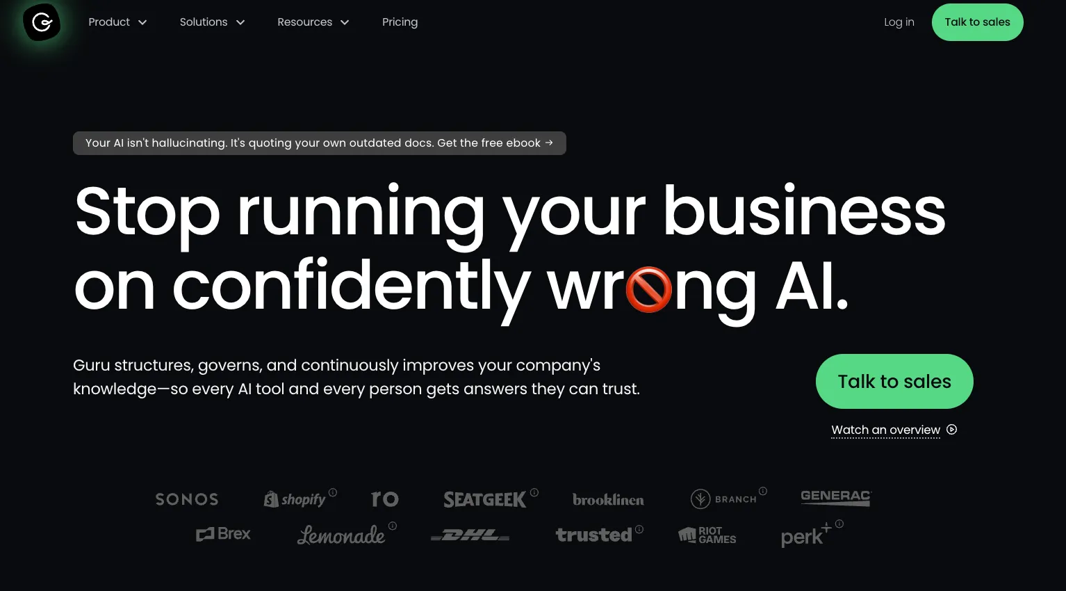 The Guru homepage with the headline Stop running your business on confidently wrong AI