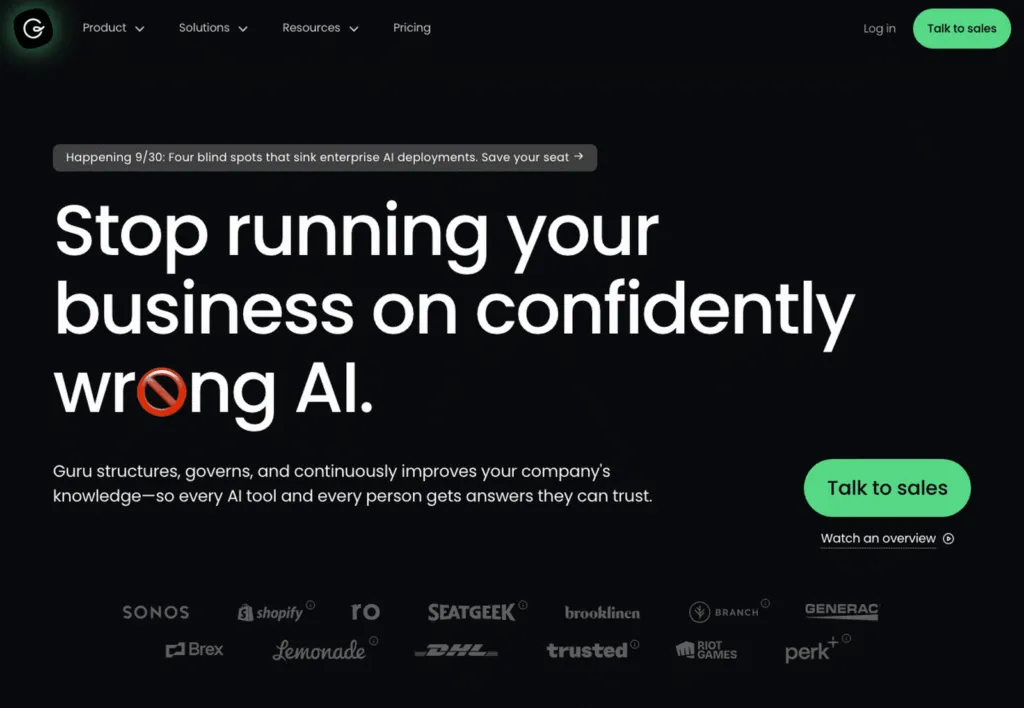 Guru homepage showing its AI knowledge management platform
