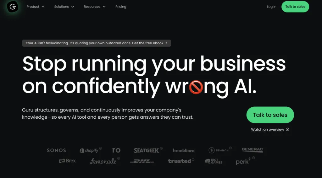 Guru showing AI-powered enterprise search and verified knowledge cards used as an intranet layer