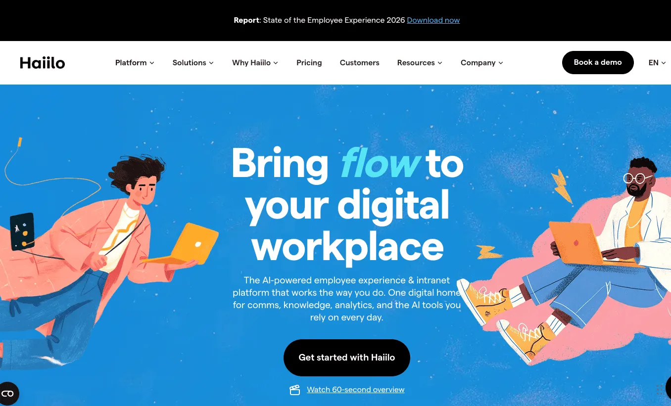 The Haiilo homepage with the headline Bring flow to your digital workplace, and illustrated people working on laptops