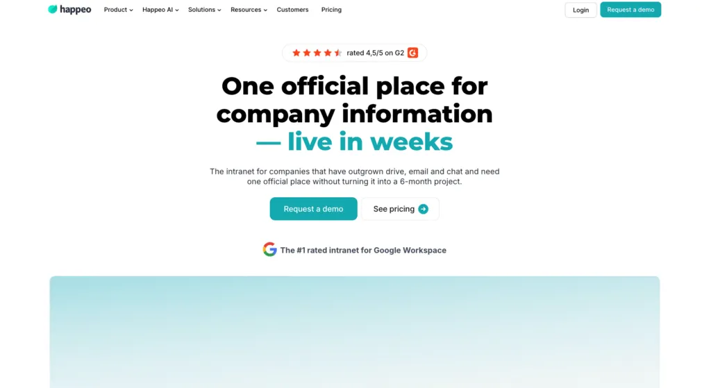 Happeo homepage showing its Google Workspace intranet for keeping company information in one official place
