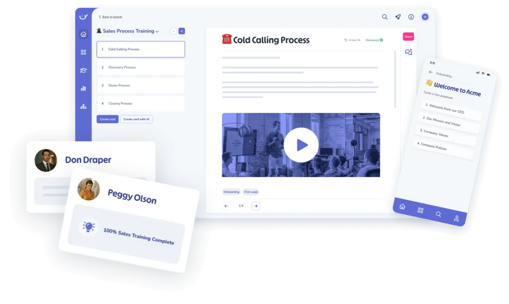 Whale knowledge base showing a Sales Process Training playbook on desktop and an onboarding playbook on mobile