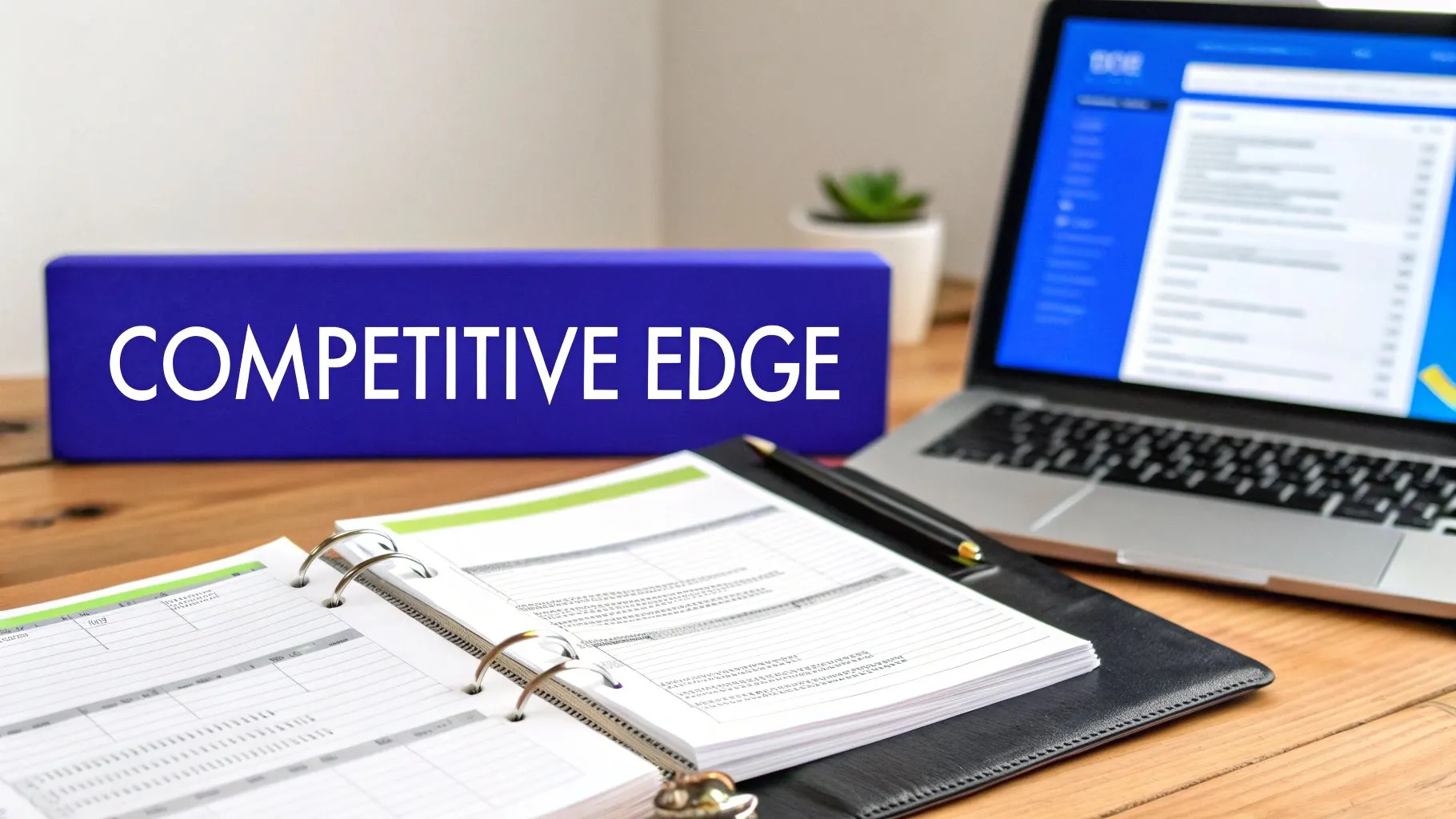 A professional desk setup featuring a blue sign displaying "COMPETITIVE EDGE," an open planner, and a laptop.